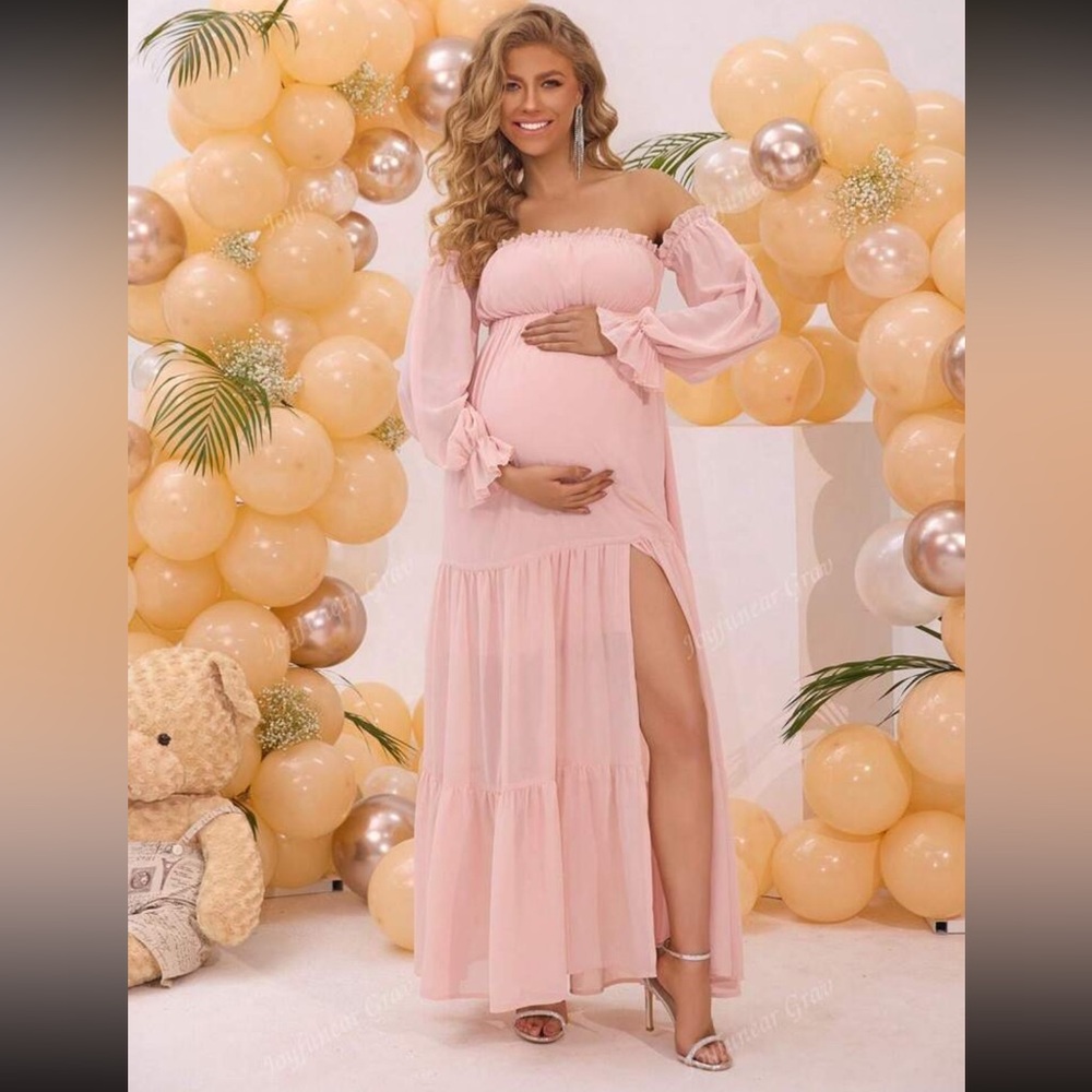 SHEIN Light Pink Maternity Baby Shower Dress with Slit Long Sleeve Tiered Size L